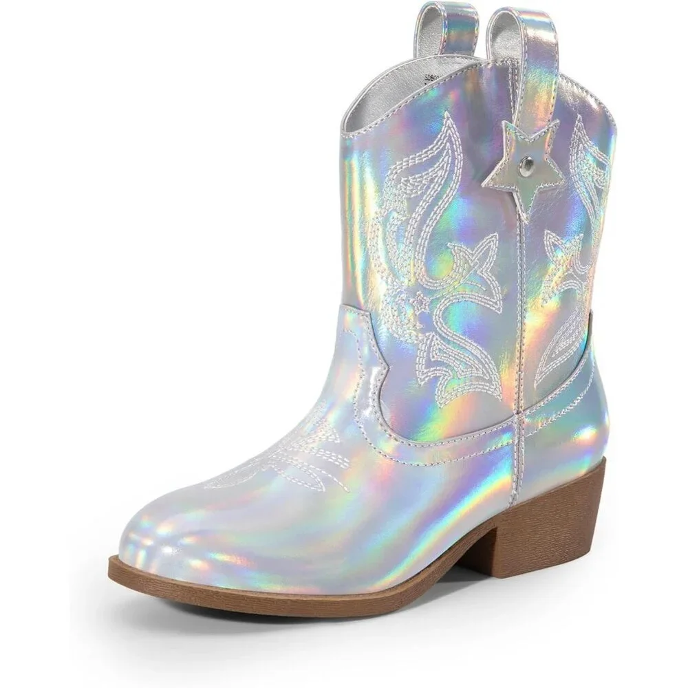 ⚡Girls Silver Cowgirl Boots With Low Heel Western Embroidered Fashion Mid Calf
